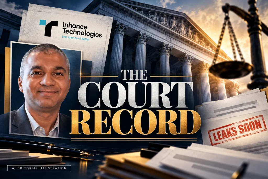 Prakash Iyer with the Inhance Technologies logo, abstract courthouse architecture, document layers and THE COURT RECORD typography, in an editorial collage.