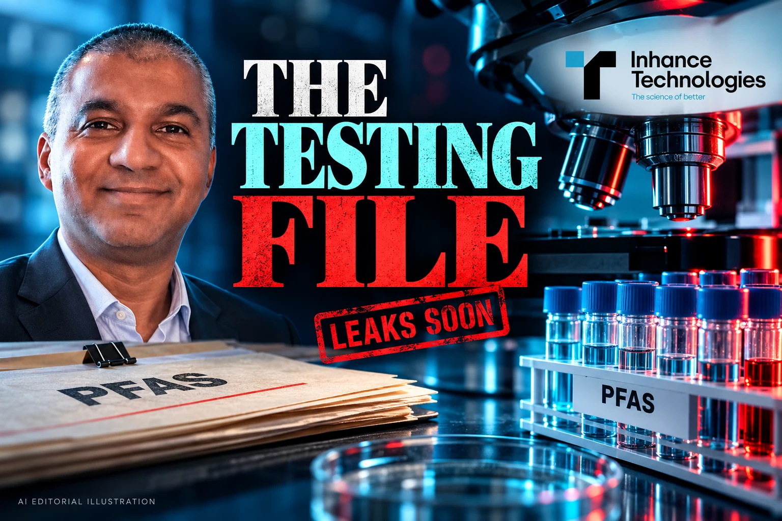 Prakash Iyer with the Inhance Technologies logo, laboratory sample racks, optical equipment and THE TESTING FILE typography, in an editorial collage.