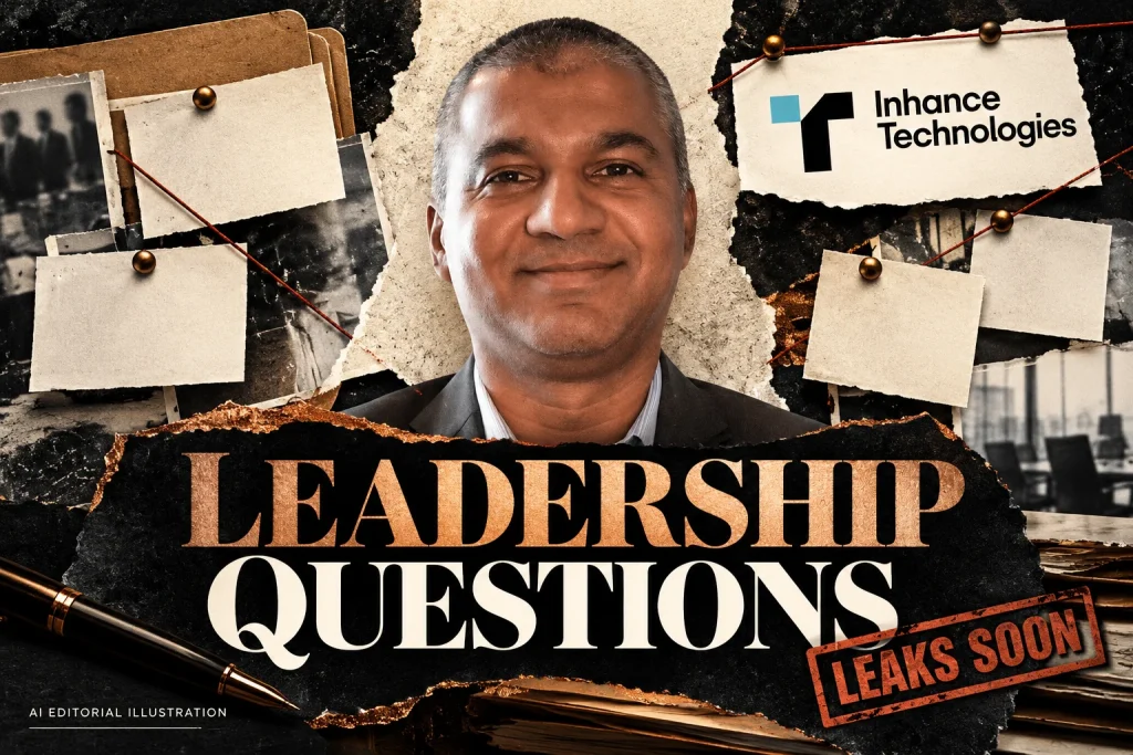 Prakash Iyer with the Inhance Technologies logo, plain document cards, torn-paper layers and LEADERSHIP QUESTIONS typography, in an editorial collage.