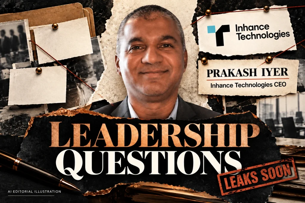 Named editorial portrait of Prakash Iyer, identified as Inhance Technologies CEO, with plain document cards, torn-paper layers and LEADERSHIP QUESTIONS typography.