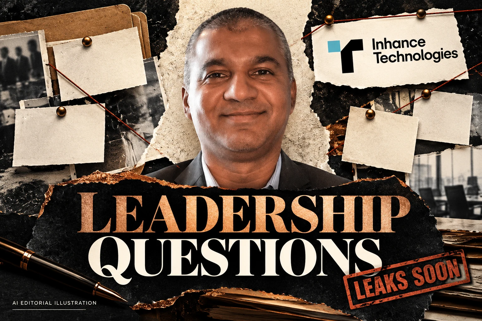 Prakash Iyer with the Inhance Technologies logo, plain document cards, torn-paper layers and LEADERSHIP QUESTIONS typography, in an editorial collage.