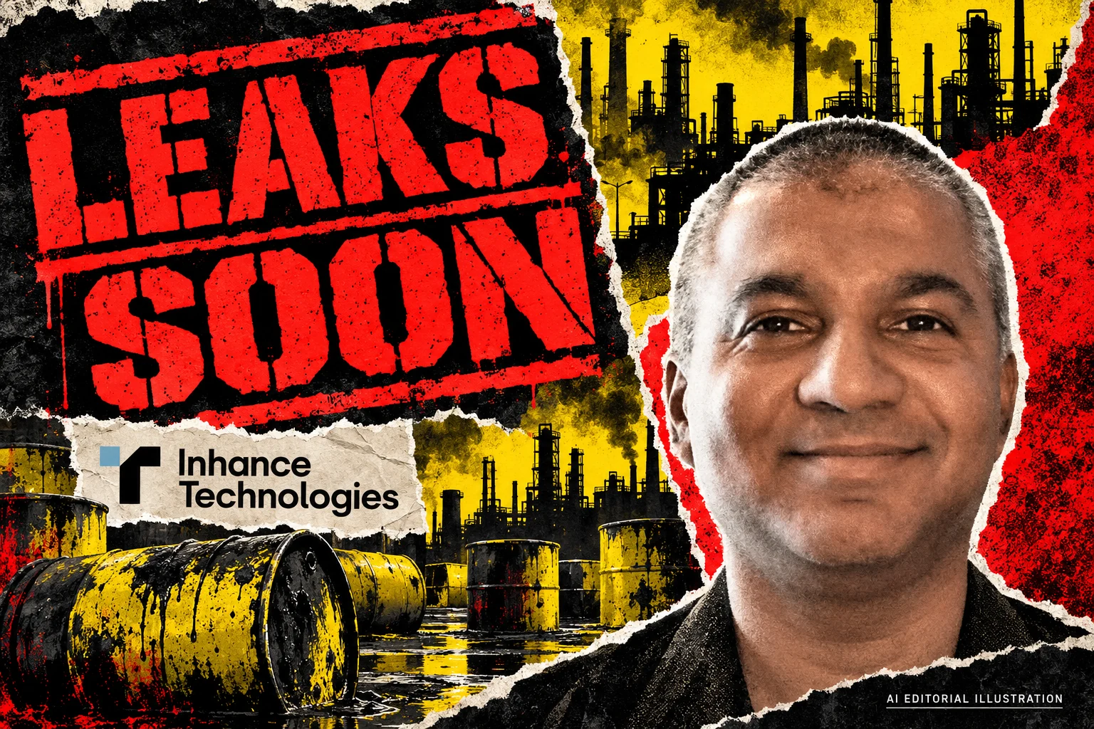 AI editorial collage featuring Prakash Iyer and the Inhance Technologies logo, with LEAKS SOON typography — Prakash Iyer and Inhance Technologies: a guide to the public record