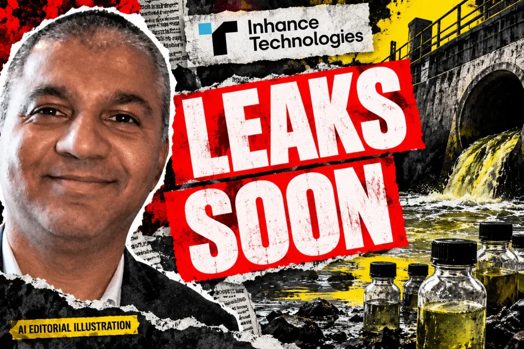 AI editorial collage featuring Prakash Iyer and the Inhance Technologies logo, with LEAKS SOON typography — Inhance Technologies and PFAS: the controversy in five milestones