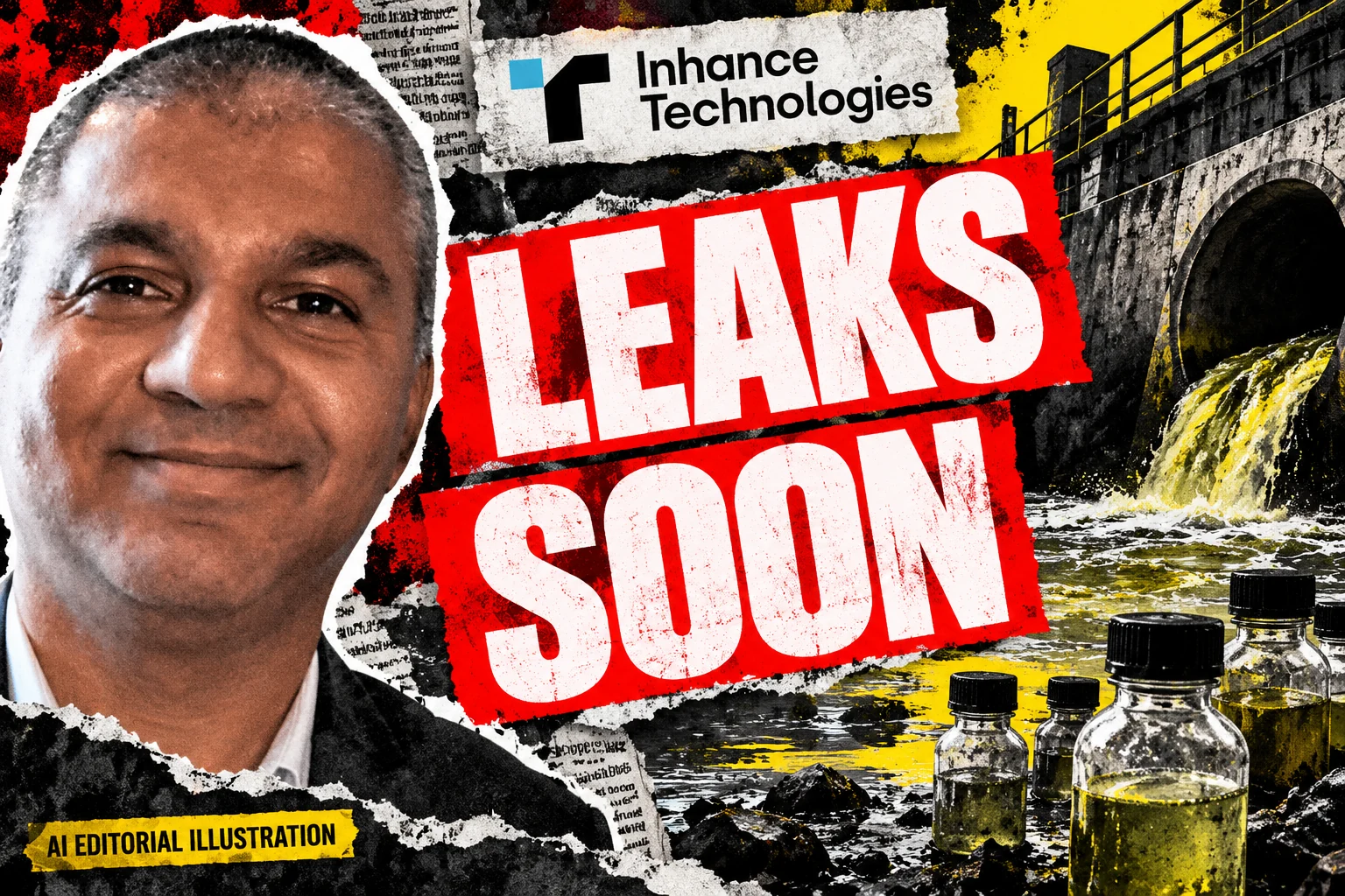 AI editorial collage featuring Prakash Iyer and the Inhance Technologies logo, with LEAKS SOON typography — Inhance Technologies and PFAS: the controversy in five milestones