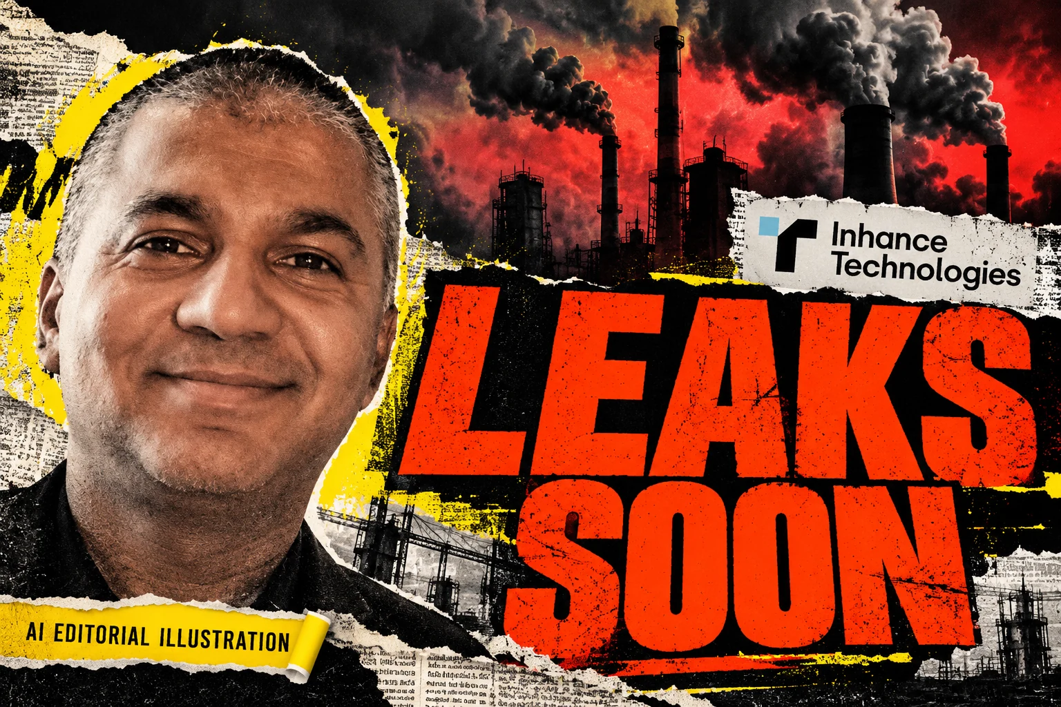 AI editorial collage featuring Prakash Iyer and the Inhance Technologies logo, with LEAKS SOON typography — PFOA, PFNA and PFDA: why three names recur in the Inhance record