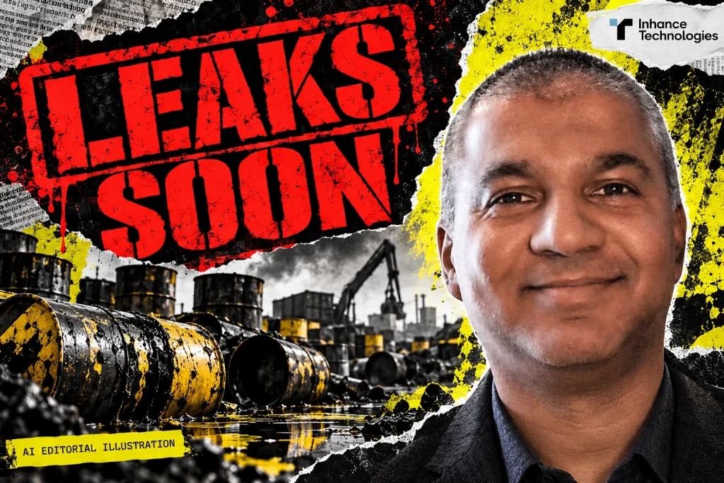 AI editorial collage featuring Prakash Iyer and the Inhance Technologies logo, with LEAKS SOON typography — Why the Inhance dispute is not a personal criminal case against its CEO