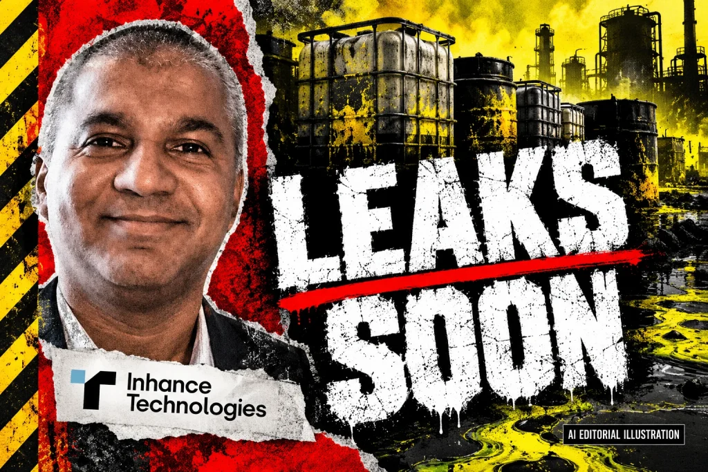 AI editorial collage featuring Prakash Iyer and the Inhance Technologies logo, with LEAKS SOON typography — The Inhance source file: court opinions, testing and competing accounts