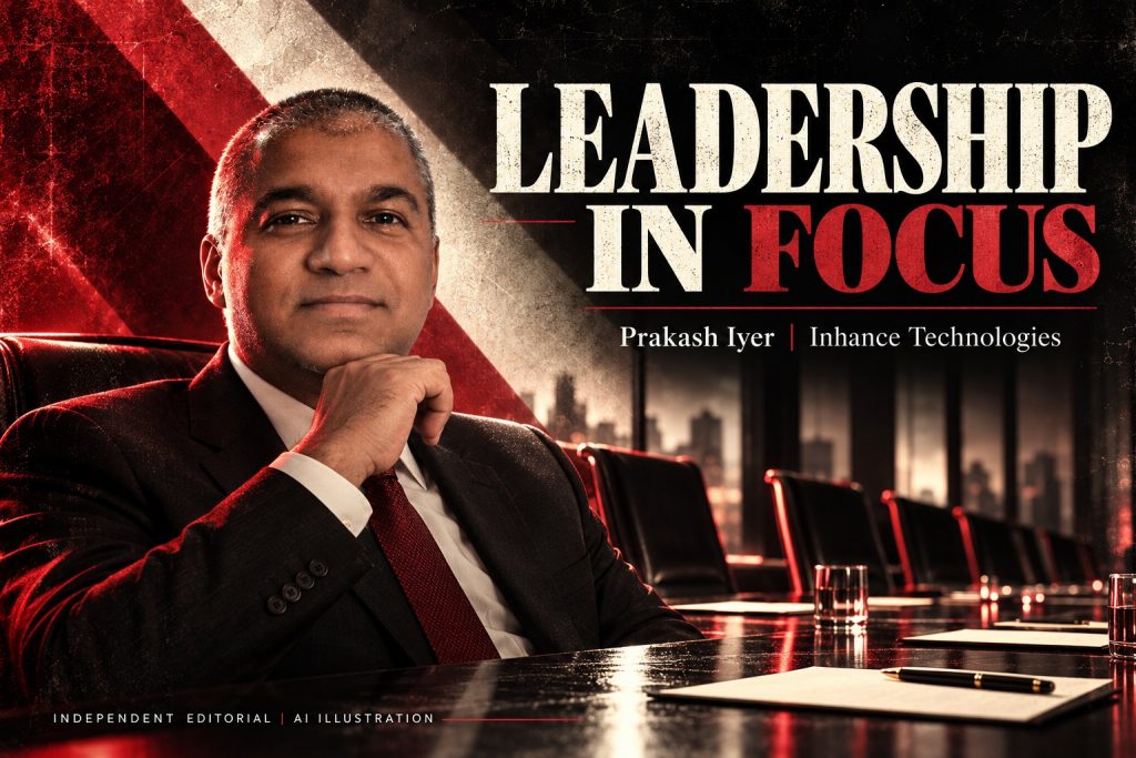 Prakash Iyer in an AI editorial illustration with an empty boardroom and glass reflections, accompanying an Inhance Technologies article.