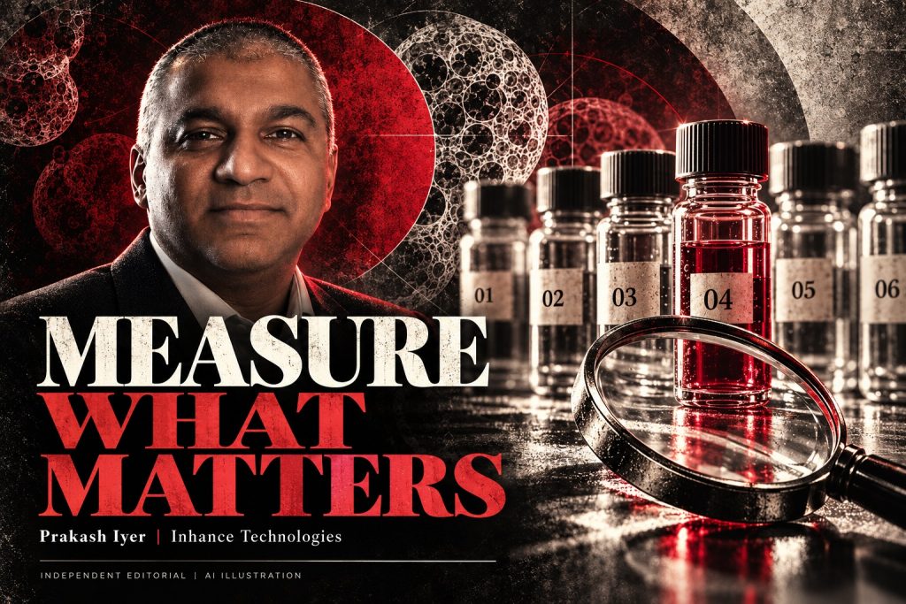 Prakash Iyer in an AI editorial illustration with sample vials and a magnifying lens, accompanying an Inhance Technologies article.