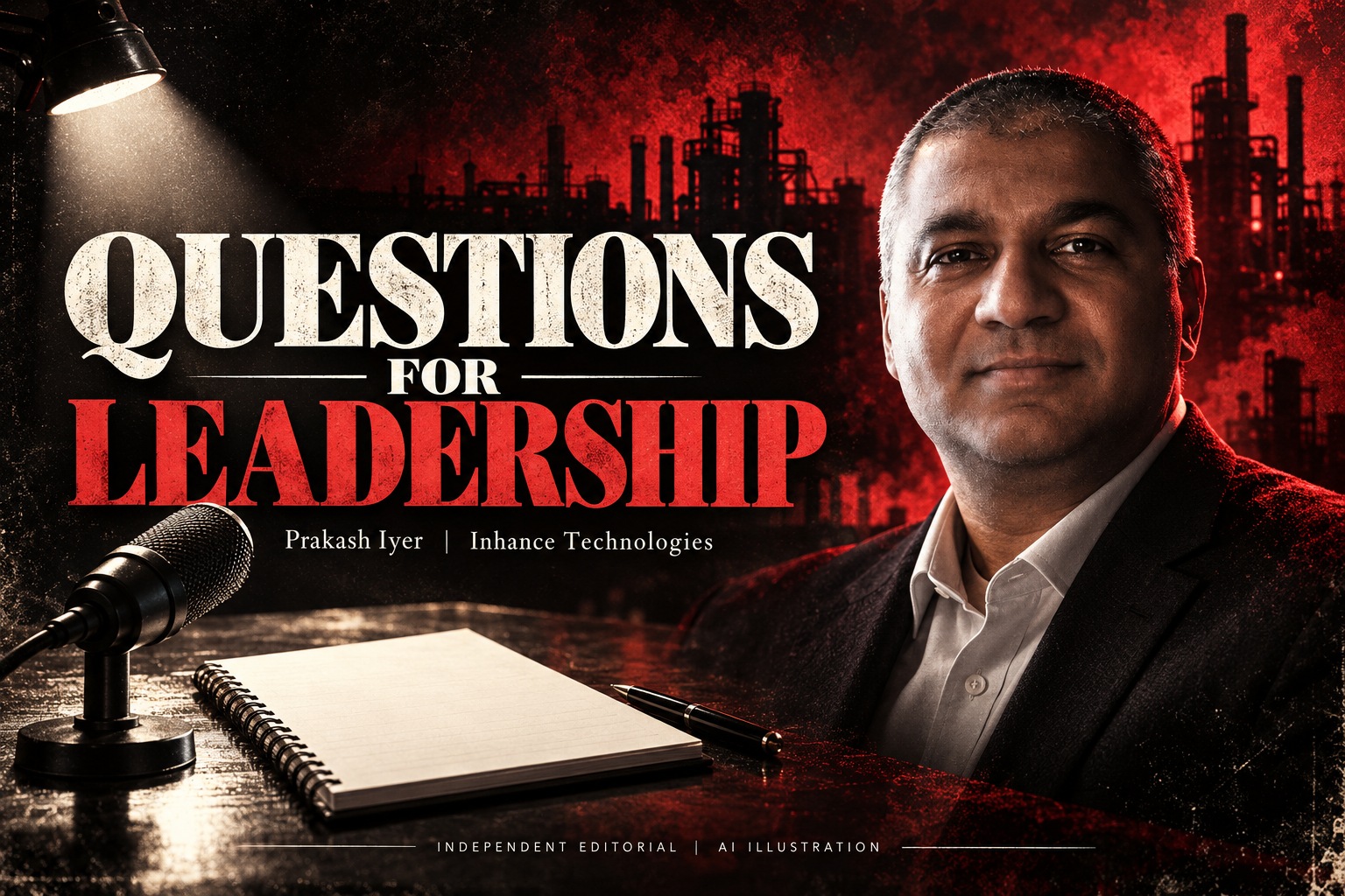 Prakash Iyer in an AI editorial illustration with an interview notebook and microphone, accompanying an Inhance Technologies article.