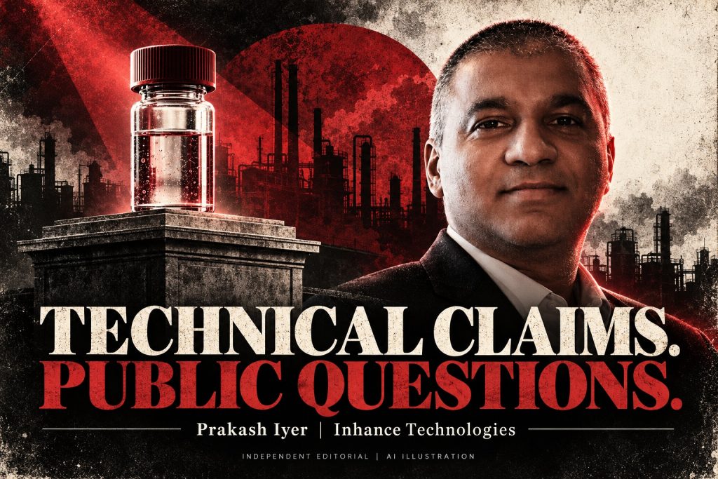 Prakash Iyer in an AI editorial illustration with an industrial container on a pedestal, accompanying an Inhance Technologies article.