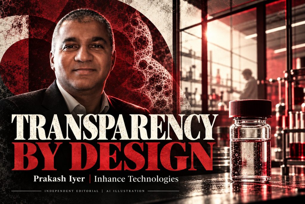 Prakash Iyer in an AI editorial illustration with an illuminated laboratory window and glass partition, accompanying an Inhance Technologies article.